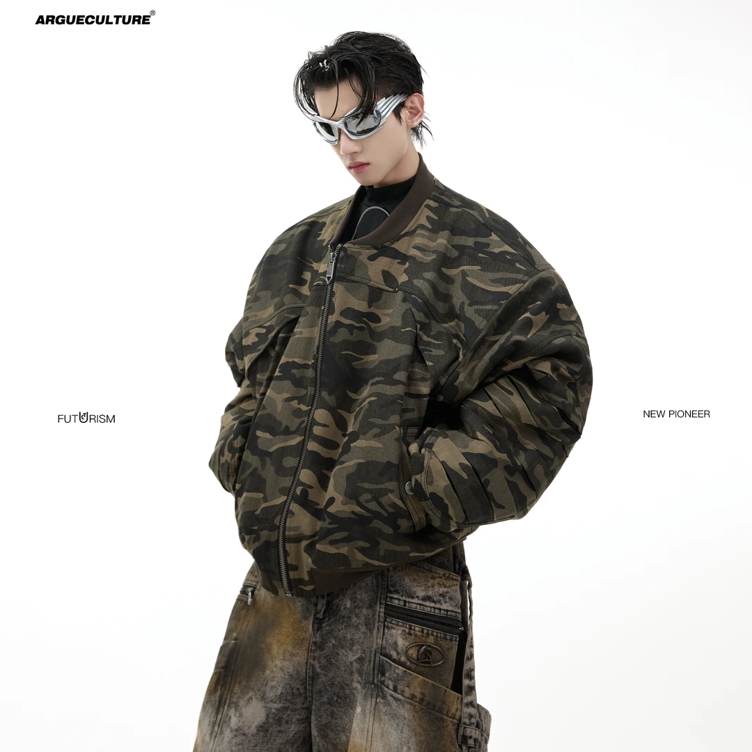 CulturE重工小众复古迷彩棒球服加厚Bomber飞行员夹克外套棉服男