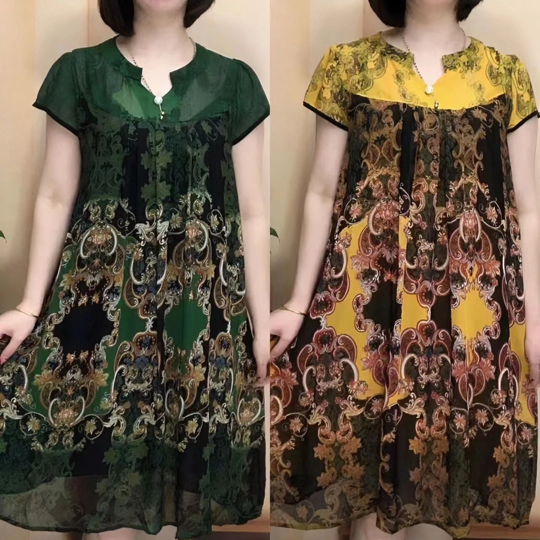 洋气妈妈装中老年春装夏季宽松大码时尚遮肚印花显瘦中长款连衣裙
