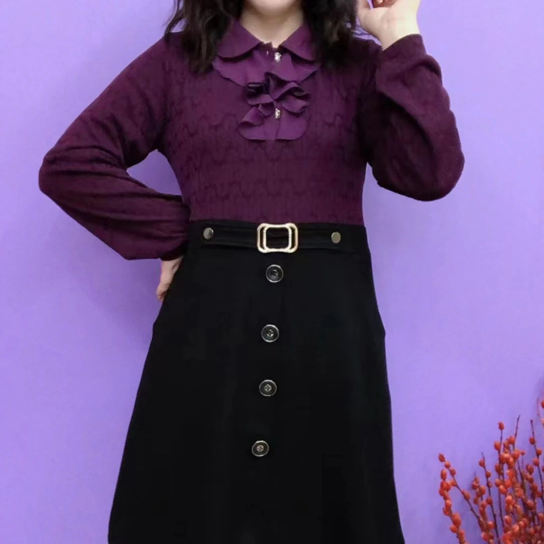 新款时尚气质宽松大码洋气减龄百搭多色显瘦假两件领花设计连衣裙