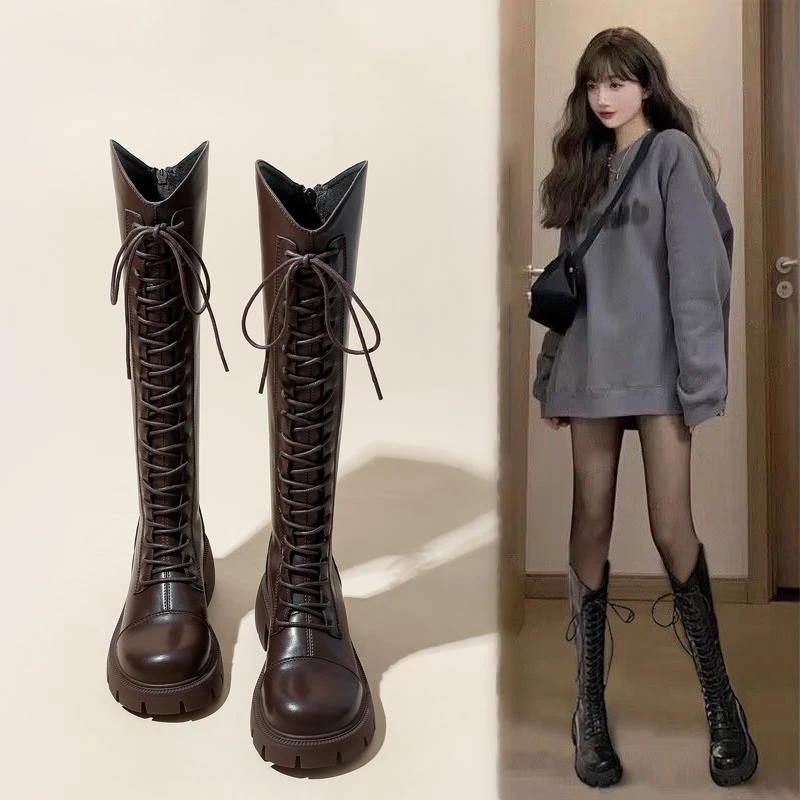 马丁靴女长筒靴2024新款秋冬不过膝长靴高筒系带百搭骑士瘦瘦靴潮