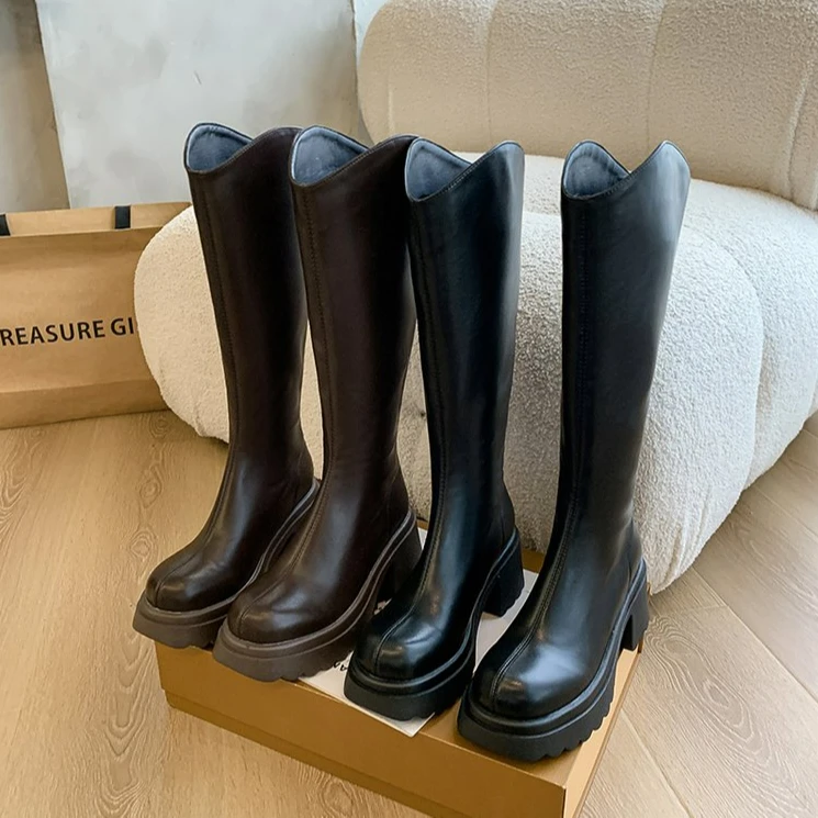 胖mmV口长筒靴女2024秋冬新款女靴骑士靴高筒靴子女长靴百搭厚底