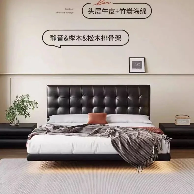 华夫格法式复古悬浮主卧床中古风小户型黑色真皮成套极简创意别墅