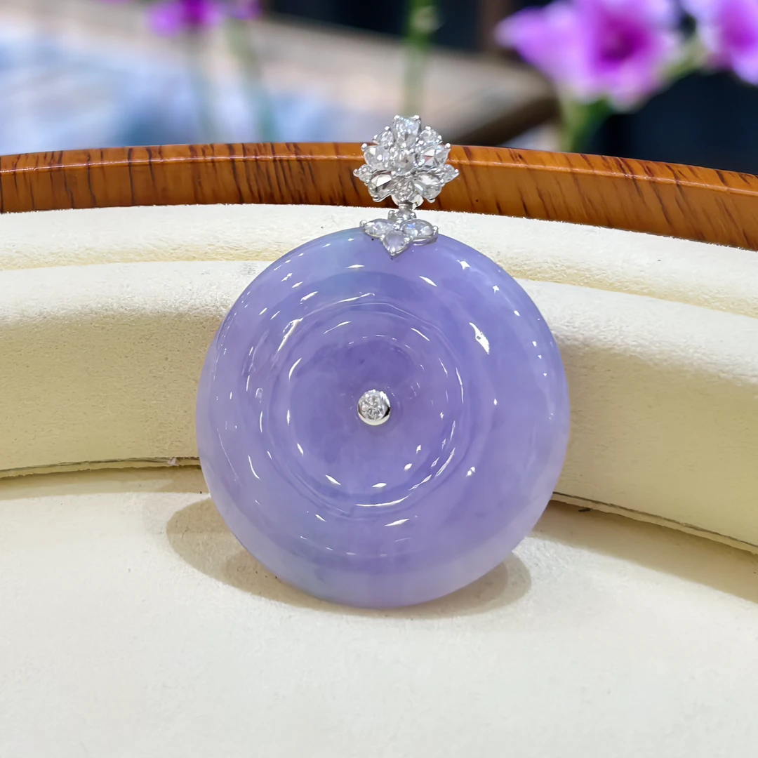 缅甸翡翠紫罗兰平安扣18K金钻石精美镶嵌紫色气质时尚百搭大女王