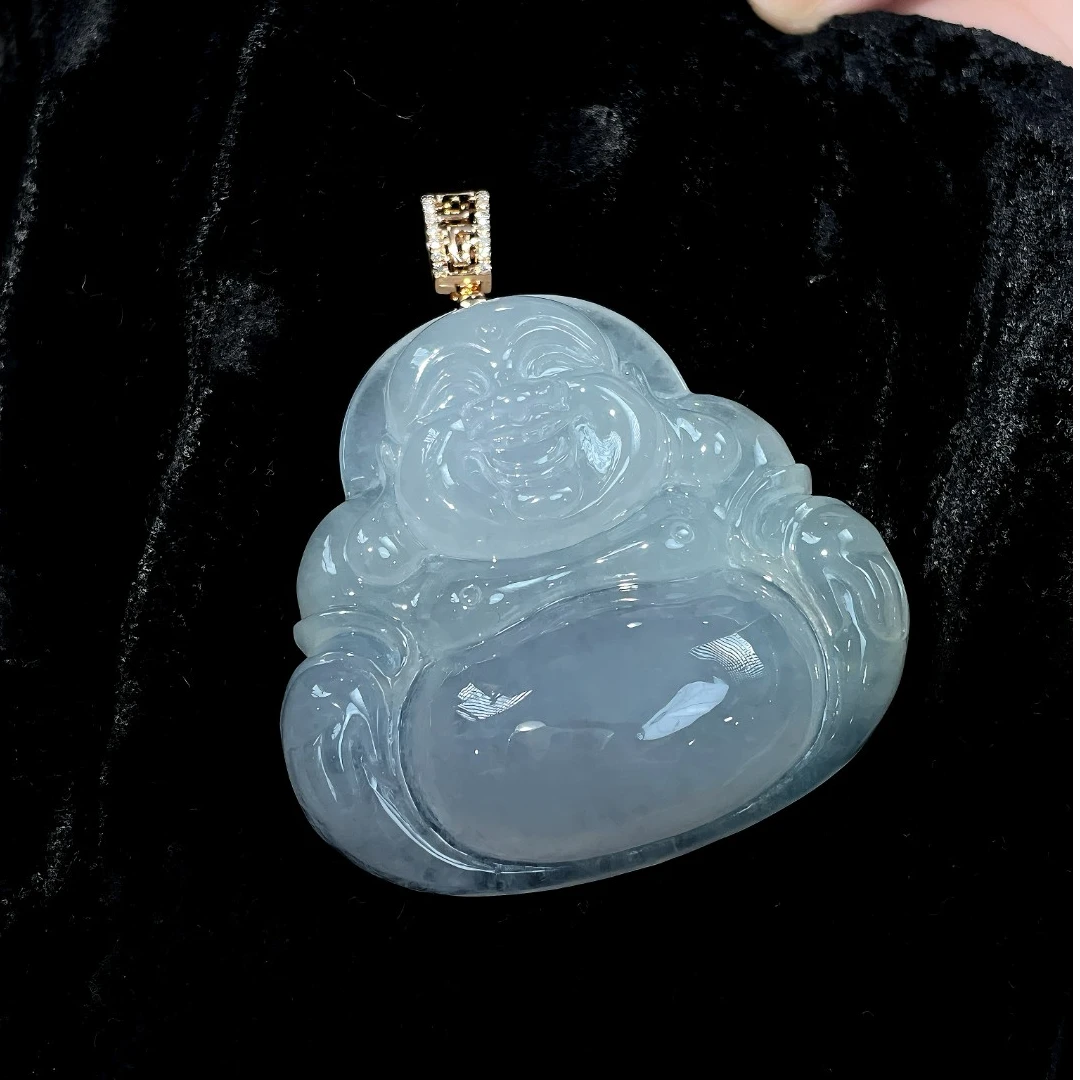 缅甸天然A货翡翠冰透佛公18K镶嵌气质吊坠高冰精美挂坠雕刻厚装