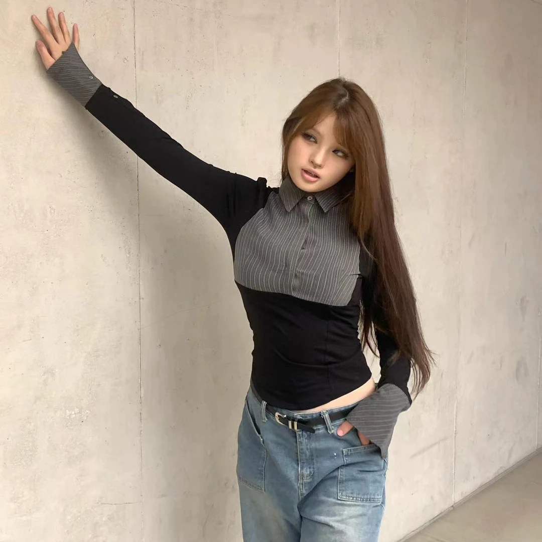 NEW MOMO 黑色拼接条纹衬衫 干练辣妹风 黑灰拼色衬衣上衣