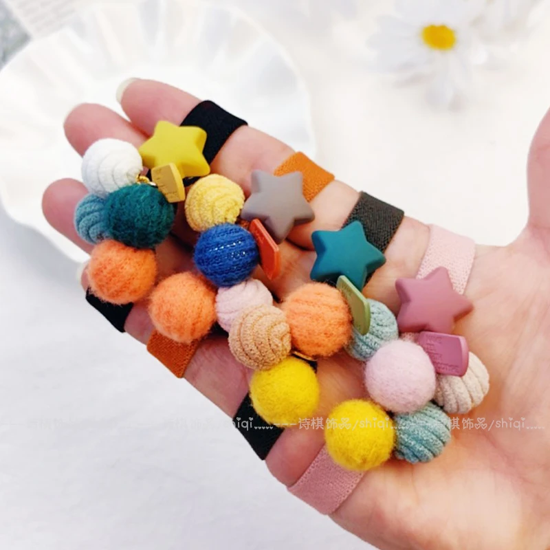 时尚加宽毛毛球星星发圈韩版糖果色不伤发球球发绳打结耐用头绳