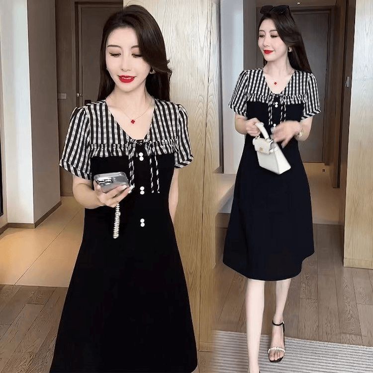 假两件条纹连衣裙女2024夏季新款小个子时尚洋气收腰显瘦薄款裙0