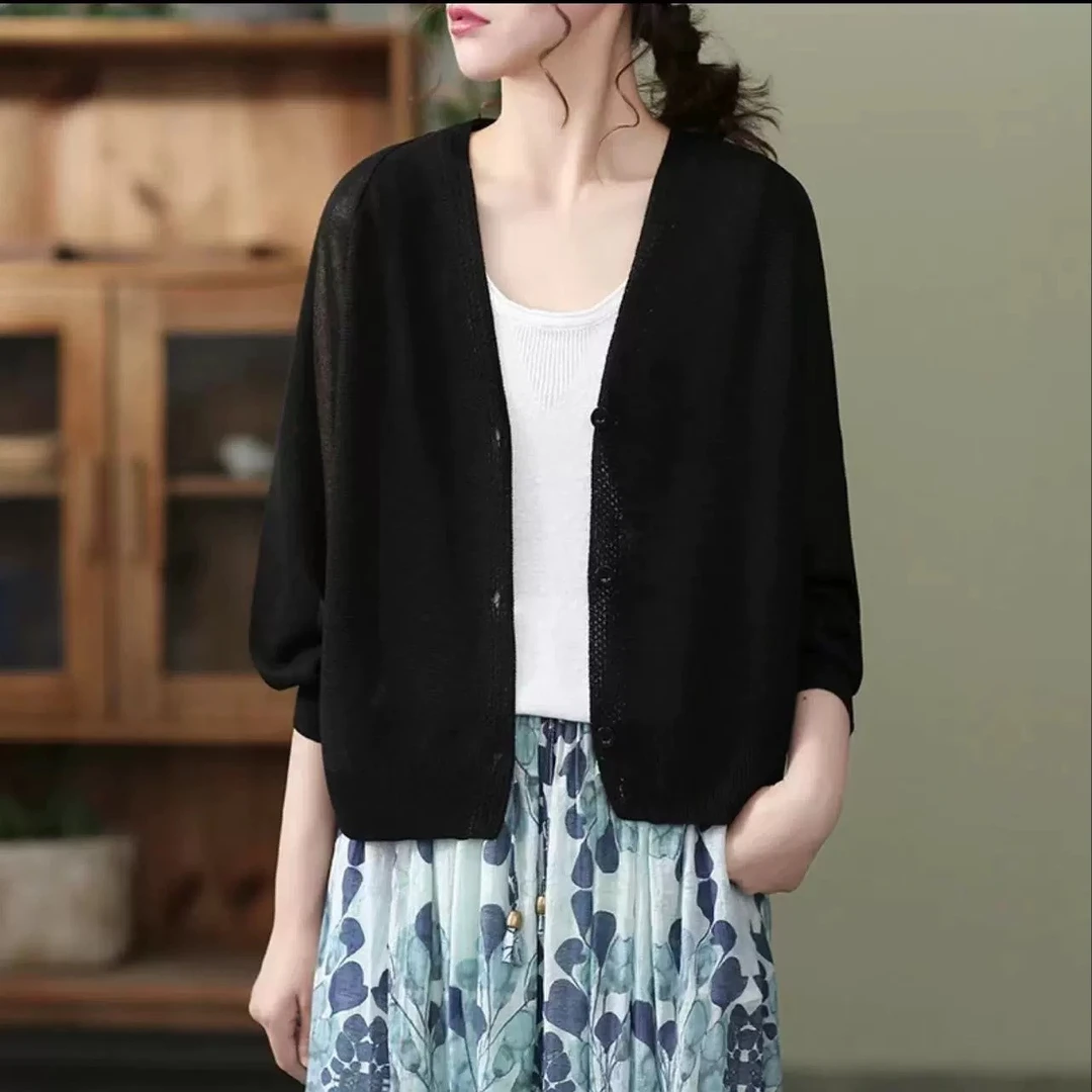 2033新款冰丝针织开衫女薄款空调衫宽松防晒上衣夏季配裙子披肩QZ