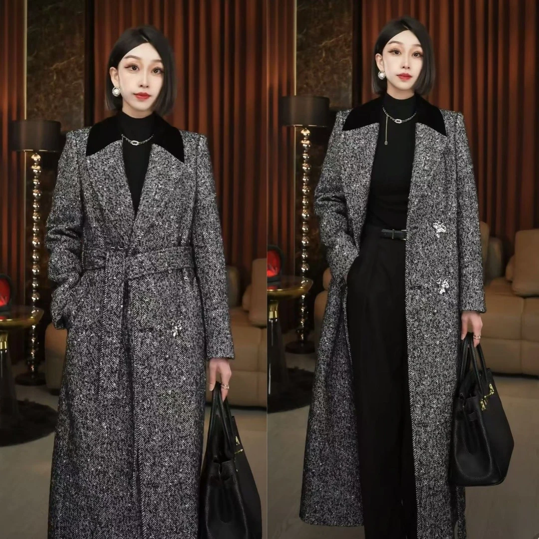 【幽阑碎雪】金爷设计师秋冬新款时尚小香风气质黑色大衣A43297W