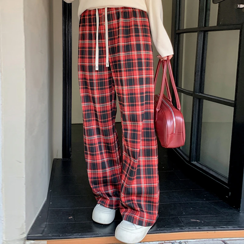 大码女装松紧宽松格子阔腿裤胖mm2024秋季宽松休闲裤NK1060