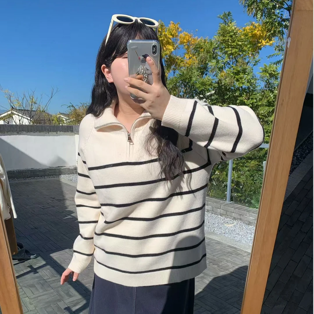 【乃粒】大码女装翻领半开胸条纹针织衫胖mm2024秋冬长袖22676