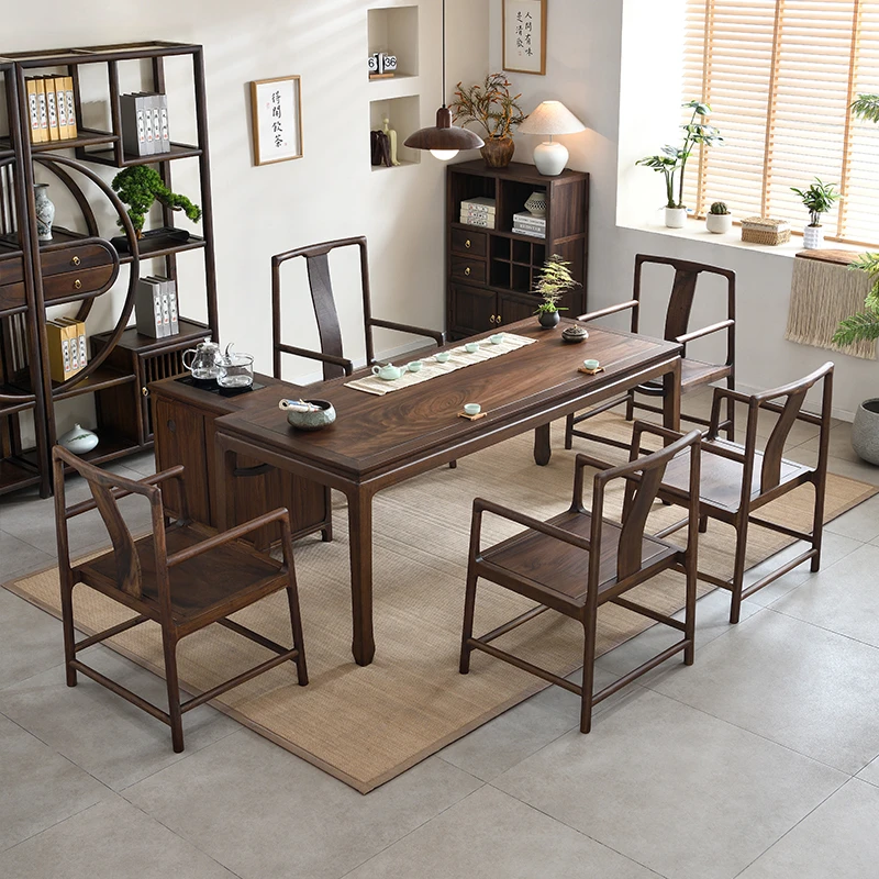 黑胡桃新中式茶桌椅组合功夫泡茶桌办公家用一体实木茶台