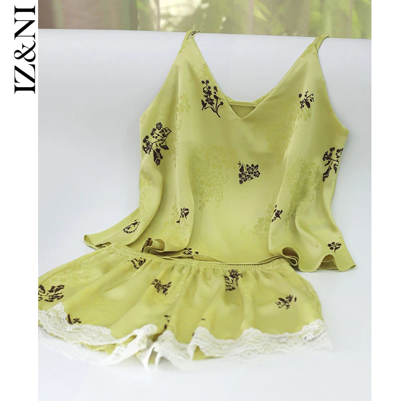 IIZZINI吊带睡衣女夏天薄款冰丝国风迷迭香花短裤可外穿服套装