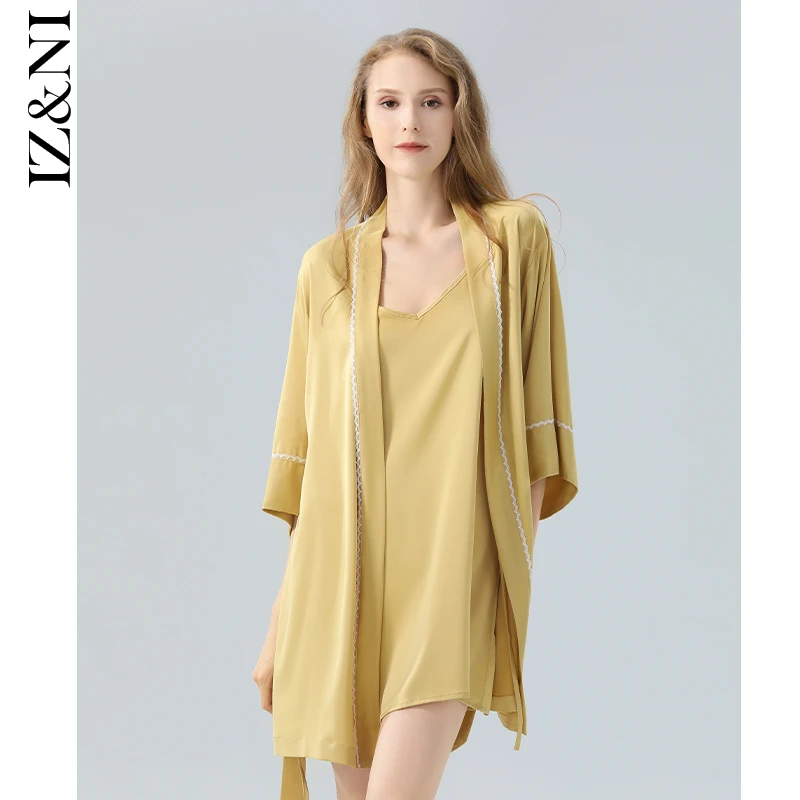 IIZZINI 原创 睡袍女春夏吊带睡裙简约姜黄奢华2件套浴袍睡衣