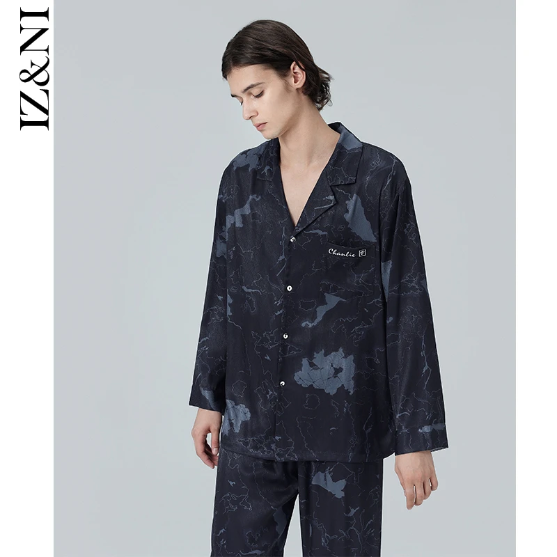IIZZINI 睡衣男士春秋长袖鱼尾丝国潮水墨地貌奢华家居服套装