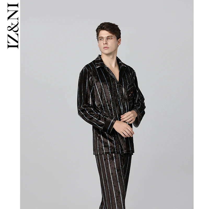 IIZZINI 新品睡衣男秋冬长袖金丝绒条纹宽松奢华家居服套装