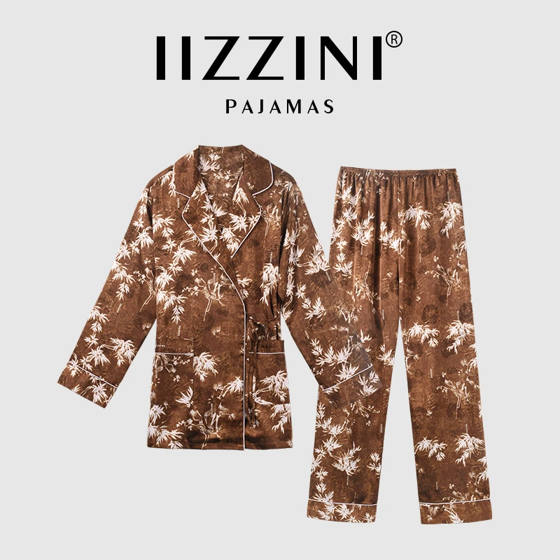 IIZZINI 睡衣女春秋长袖冰丝国风水墨竹纹奢华高级感外穿套装