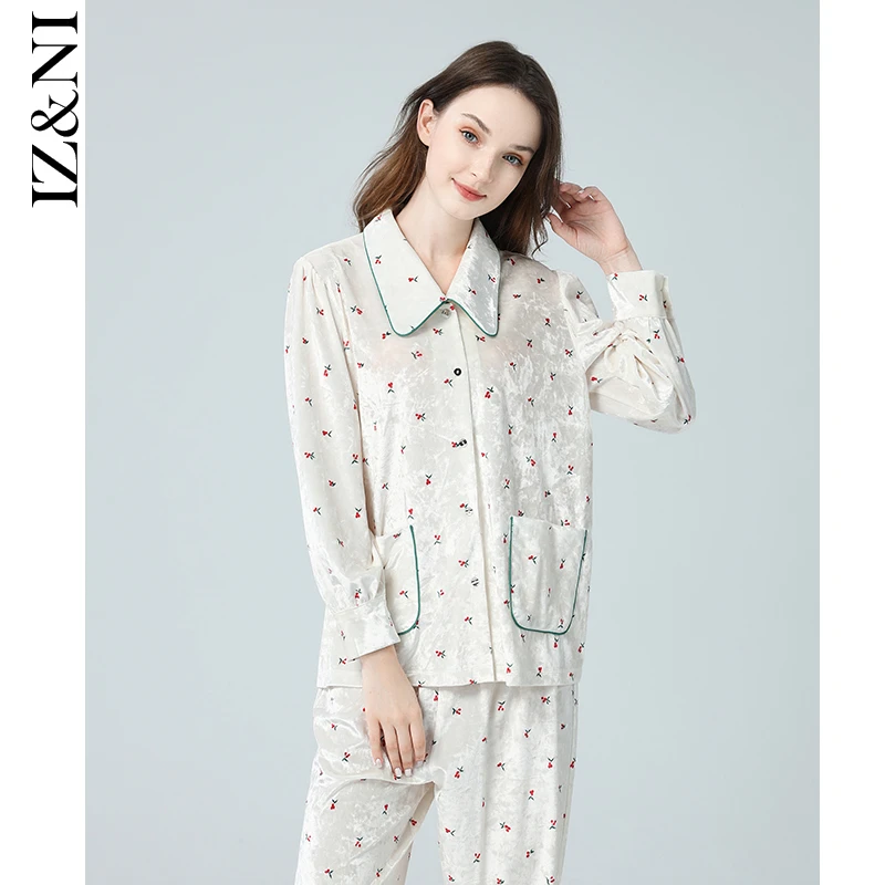 IIZZINI 秋冬新品睡衣女长袖金丝绒树莓印花奢华居家服套装