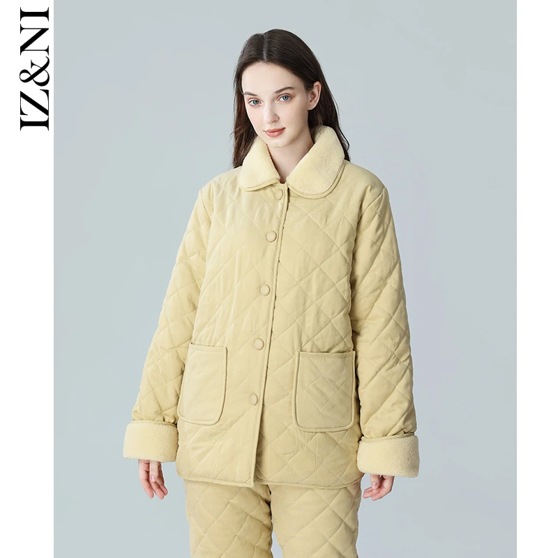 IIZZINI 睡衣女冬长袖珊瑚绒夹棉加厚加绒保暖乳黄家居服套装