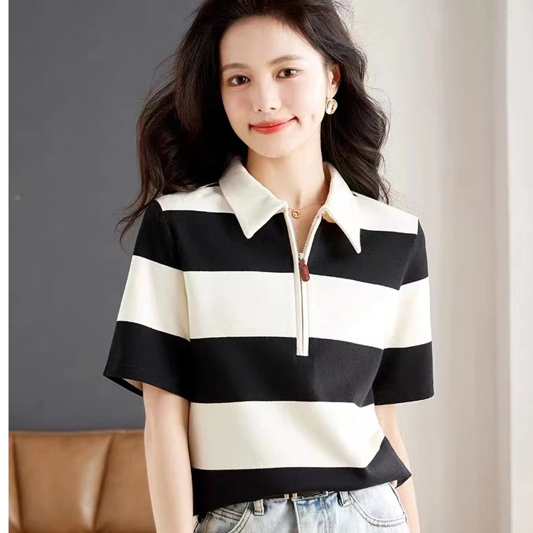 夏季新款时尚休闲条纹撞色遮肚子显瘦polo领短袖T恤