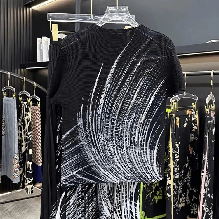 悦享女装2025夏季新款高端重工玉米粒水墨印花显瘦褶皱圆领上衣