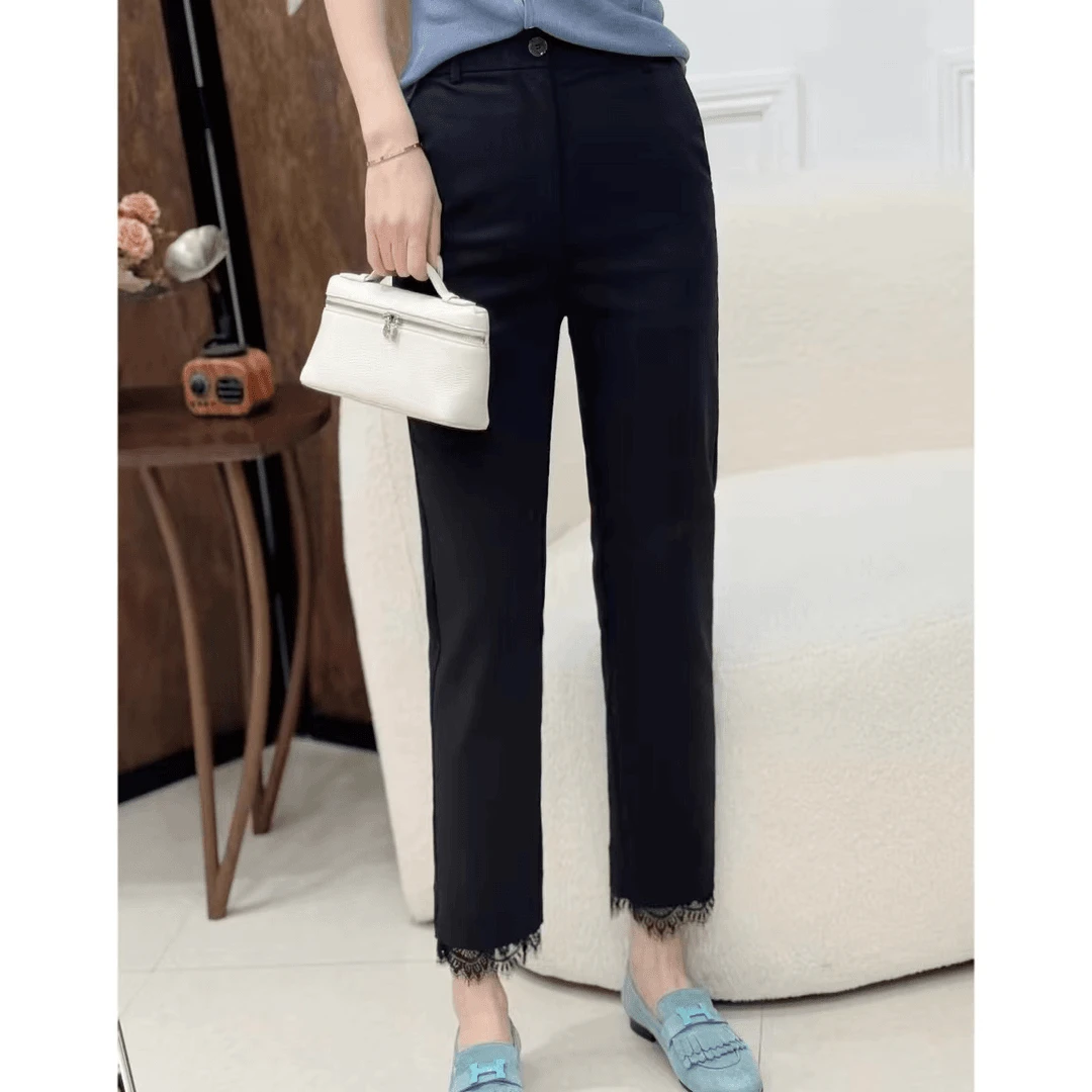 夏季新款高端时尚松紧腰拼接蕾丝花边西裤百搭休闲裤