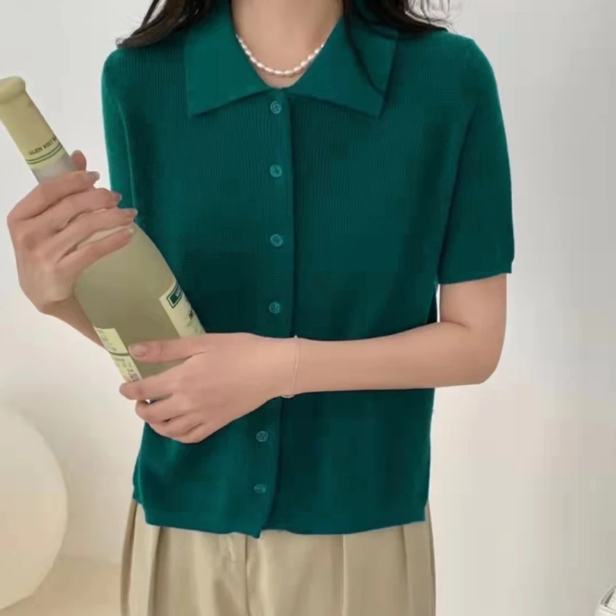 悦享女装2022春季新款简约纯色polo领短袖时尚通勤气质上衣
