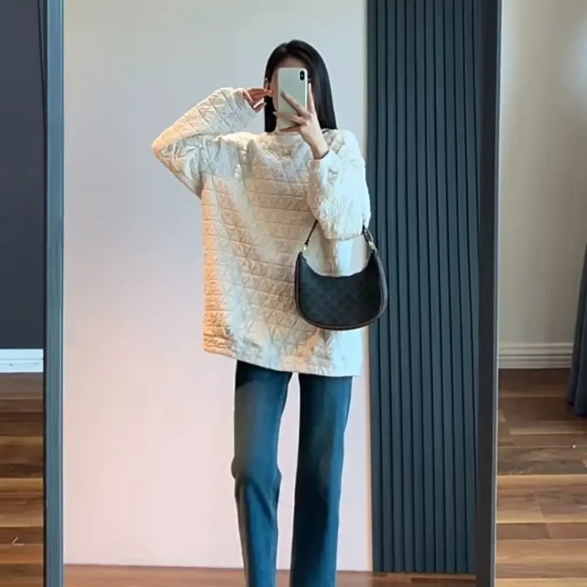 悦享女装2023秋季新款复古文艺风奶呼呼假两件菱形格套头卫衣上衣