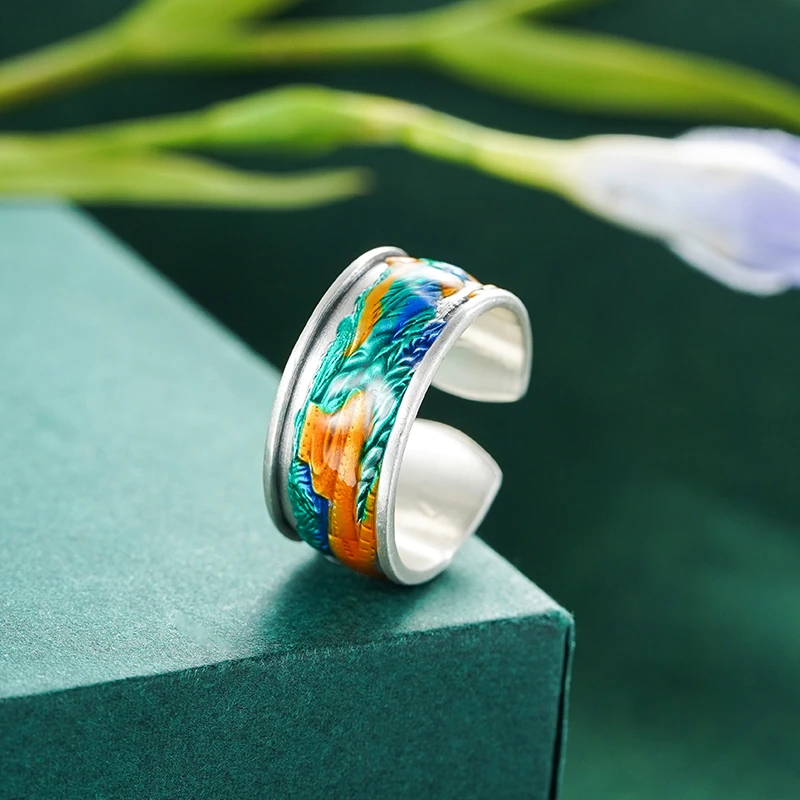 九乐 足银戒指 彩绘万里江山戒指景泰蓝烧蓝手工个性彩色民族风