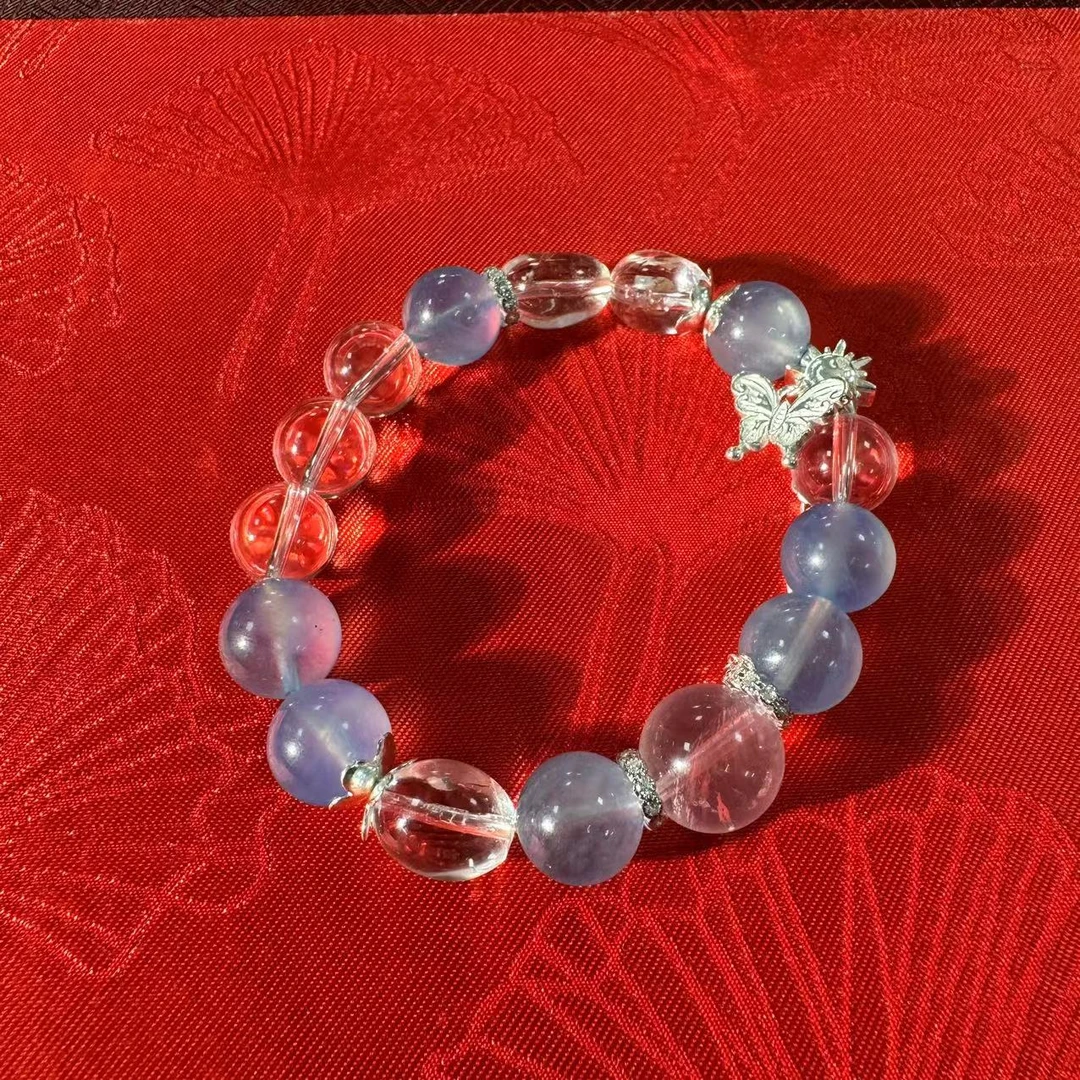 九乐海蓝宝白水晶银太阳花蝴蝶手串