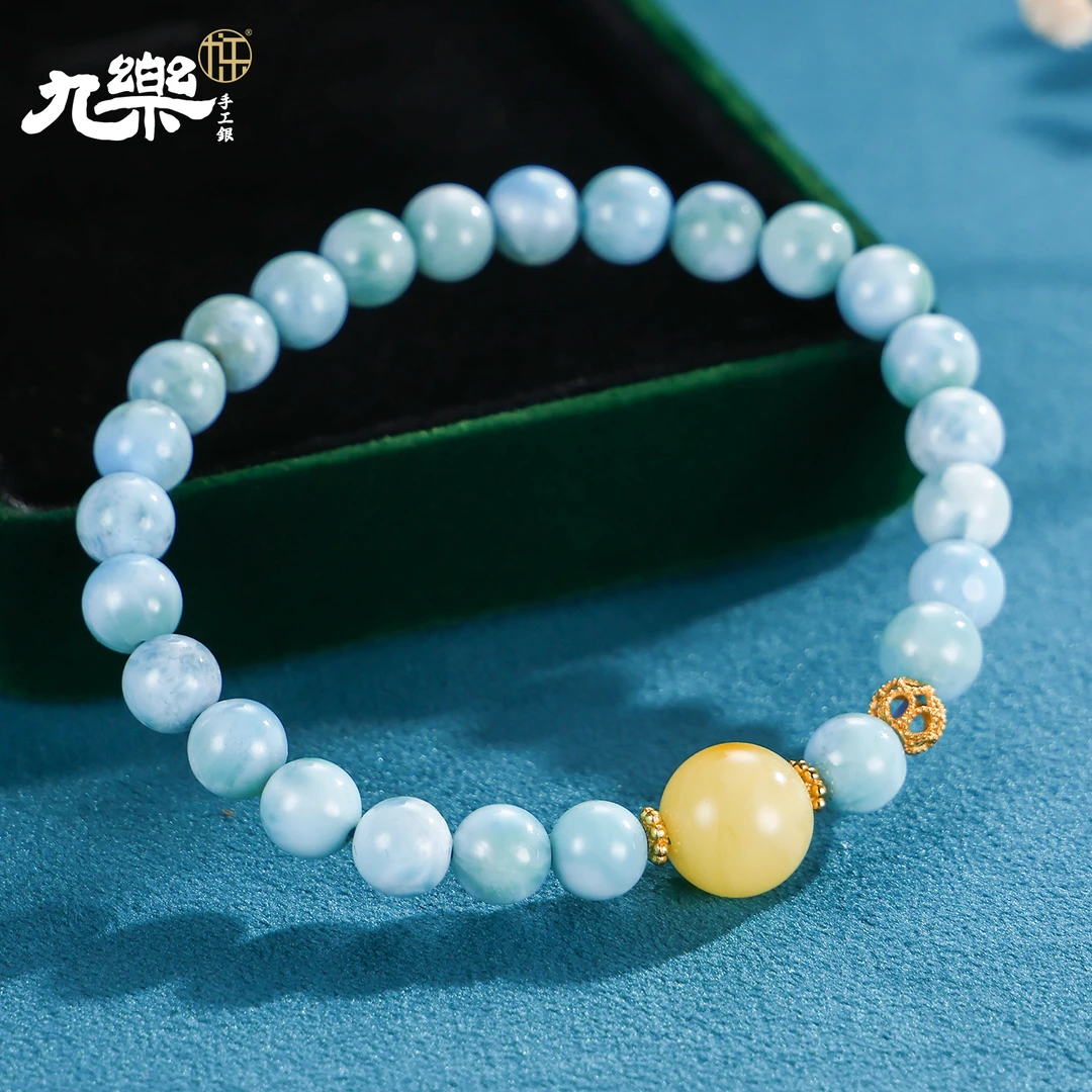 九乐6mm海纹石搭10mm蜜蜡手链 简约气质珠珠