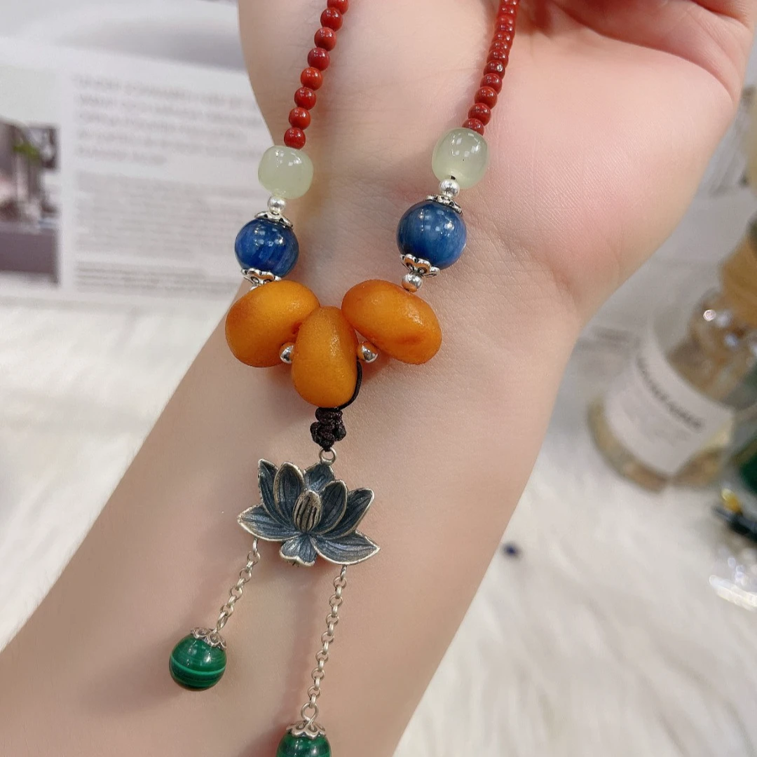 九乐南红老蜡莲花项链复古民族风做旧时尚气质新中式