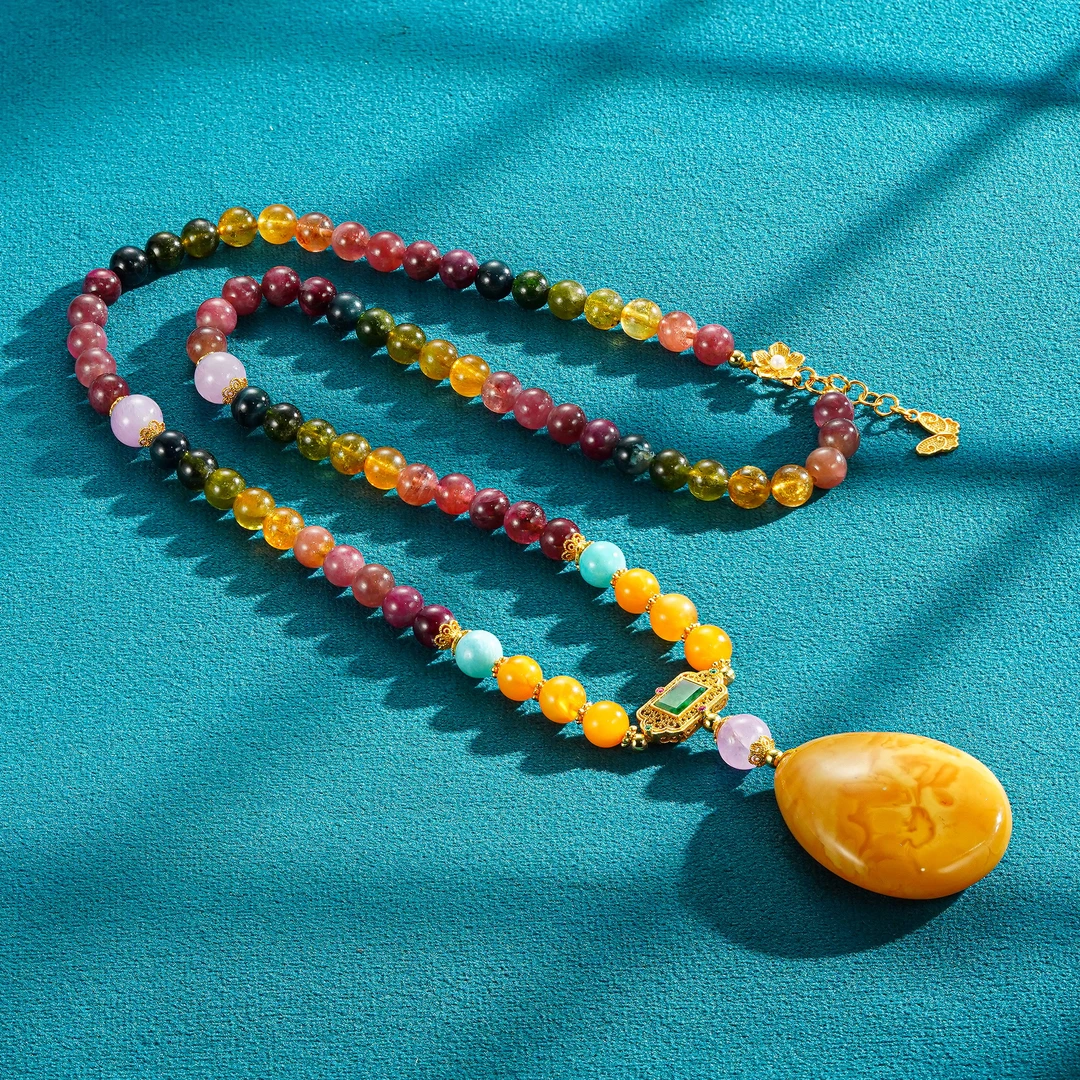 九乐蜜蜡水滴搭6.5N碧玺项链60cm(H)