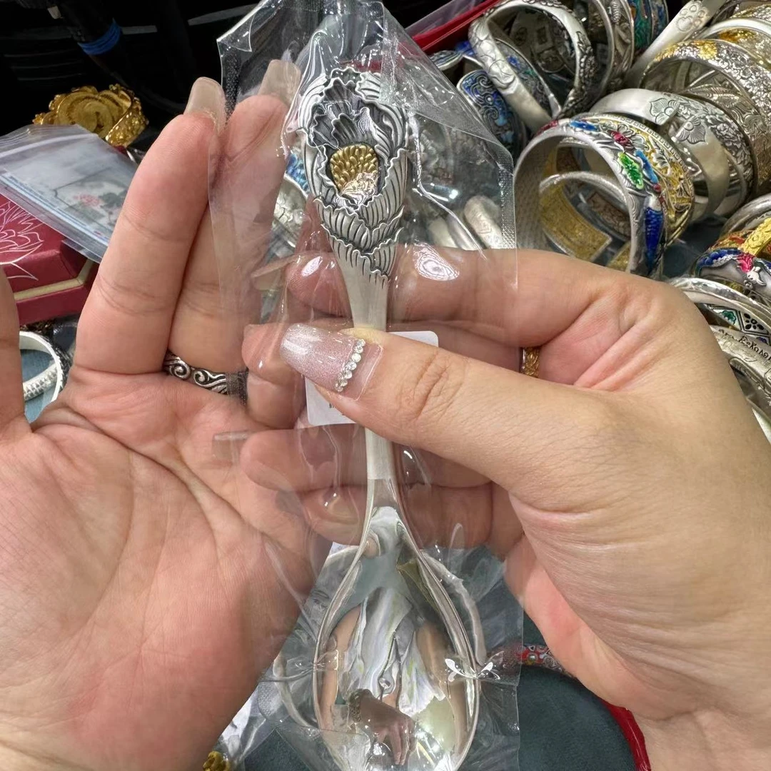 九乐 足银银制品 999錾刻牡丹宽中式实用勺子约62克(C)