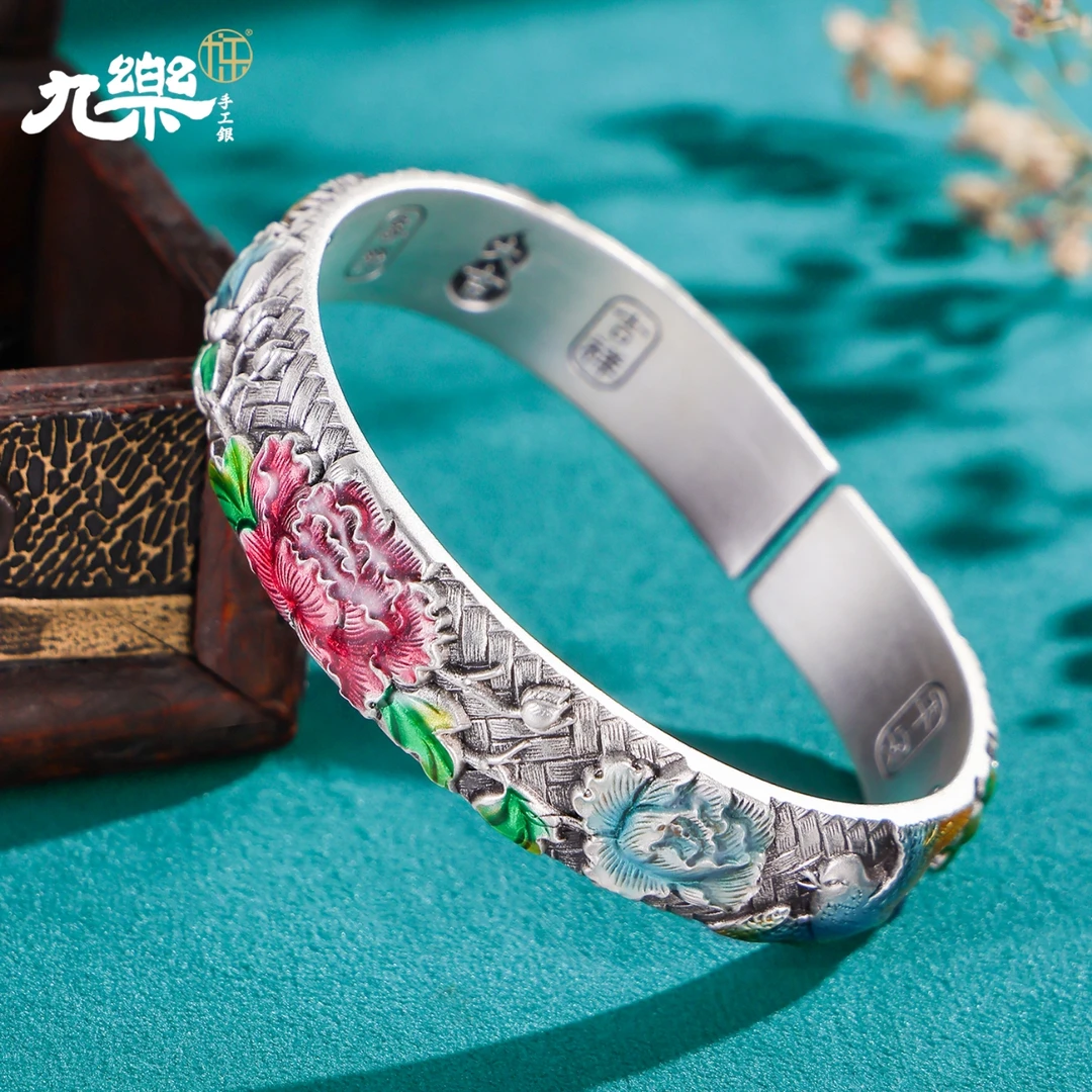 九乐 足银珐琅手镯 999珐琅比翼牡丹福字对口马蹄手镯中式古典(C)
