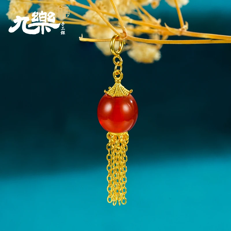 九乐S925南红灯笼流苏吊坠国风红色气质时尚百搭珠珠小众设计项坠