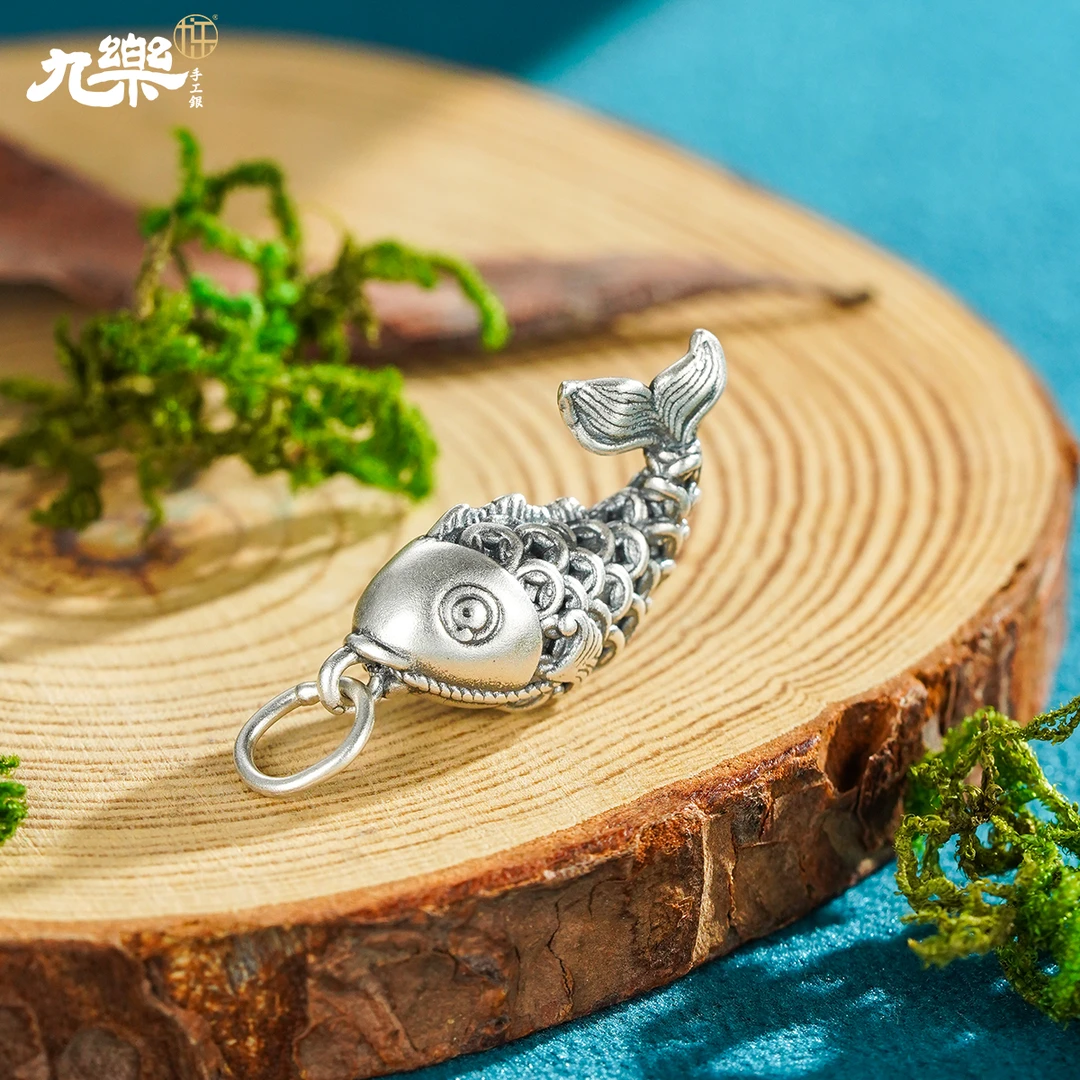 九乐 吊坠足银 足银999做旧钱币鱼吊坠时尚个性挂坠配饰复古银饰