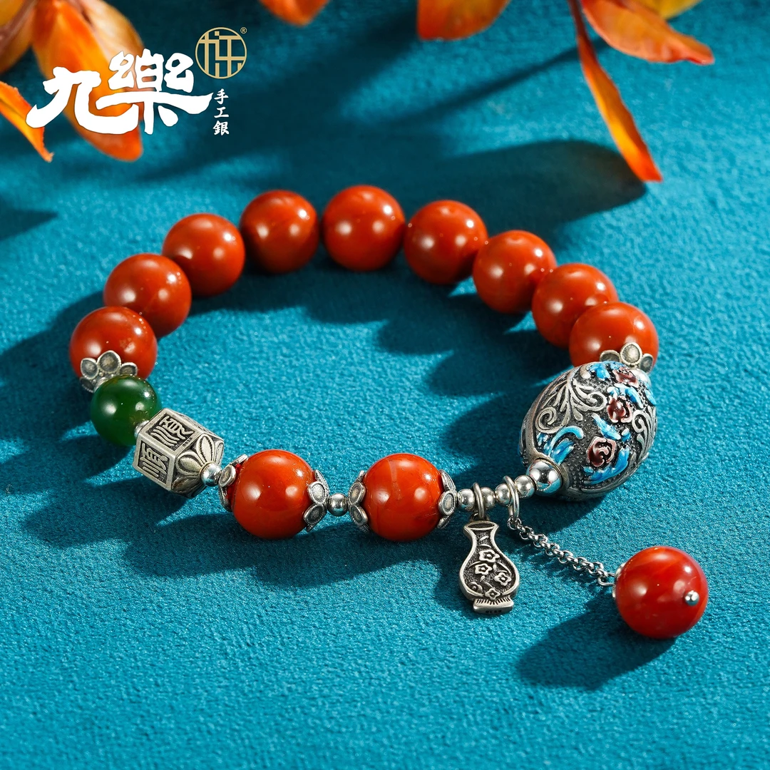 九乐11mm南红六六顺烧蓝花球手串复古国风时尚民族风气质女款手饰