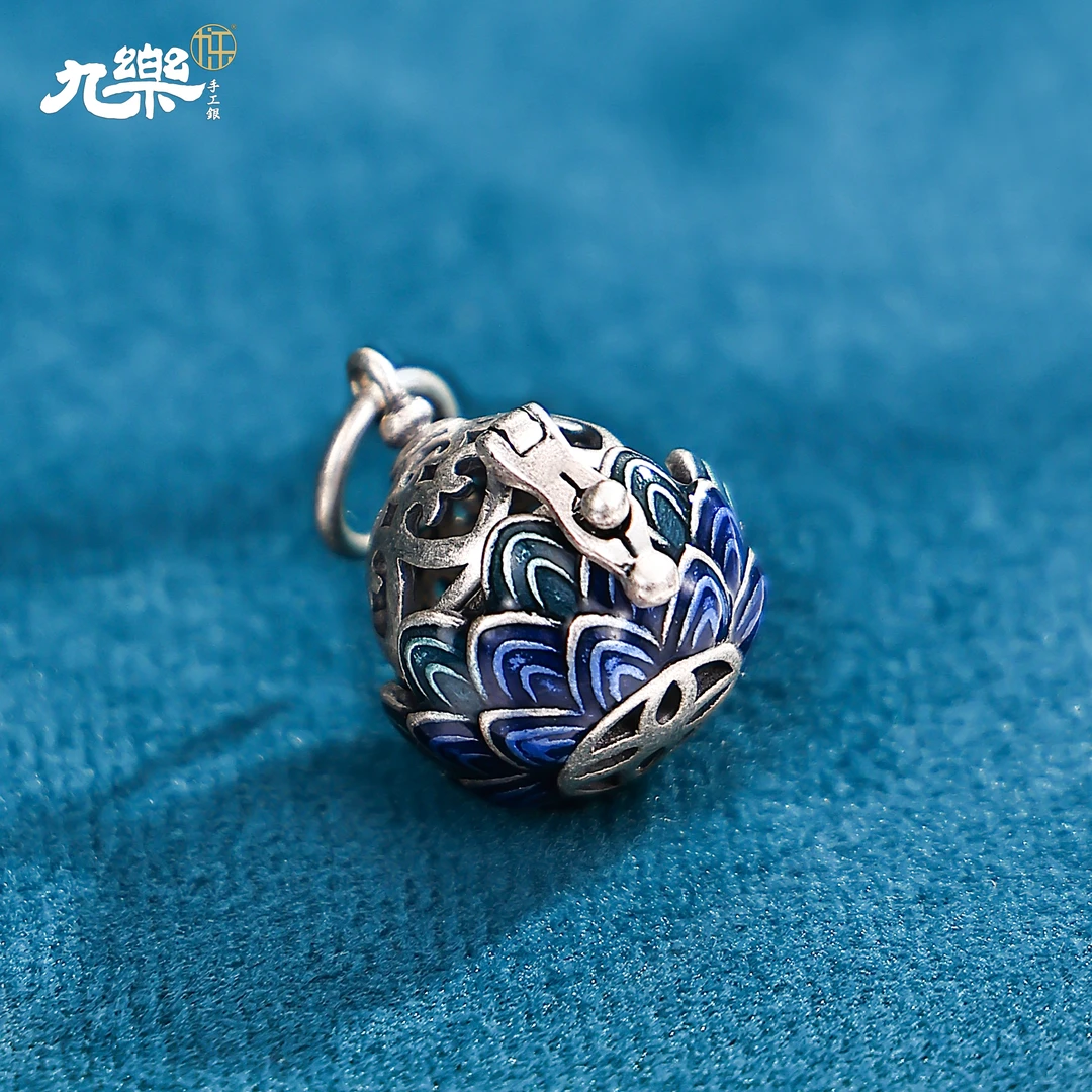 九乐 吊坠925银珐琅 莲花可打开吊坠小香囊配件手工银制挂件时尚