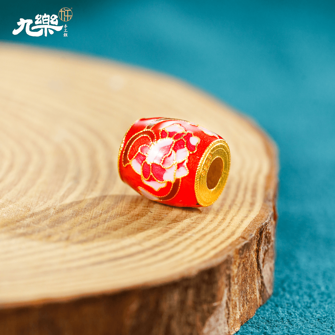 九乐 吊坠925银珐琅 烧蓝古法金色红色路路通精美彩色牡丹吊坠