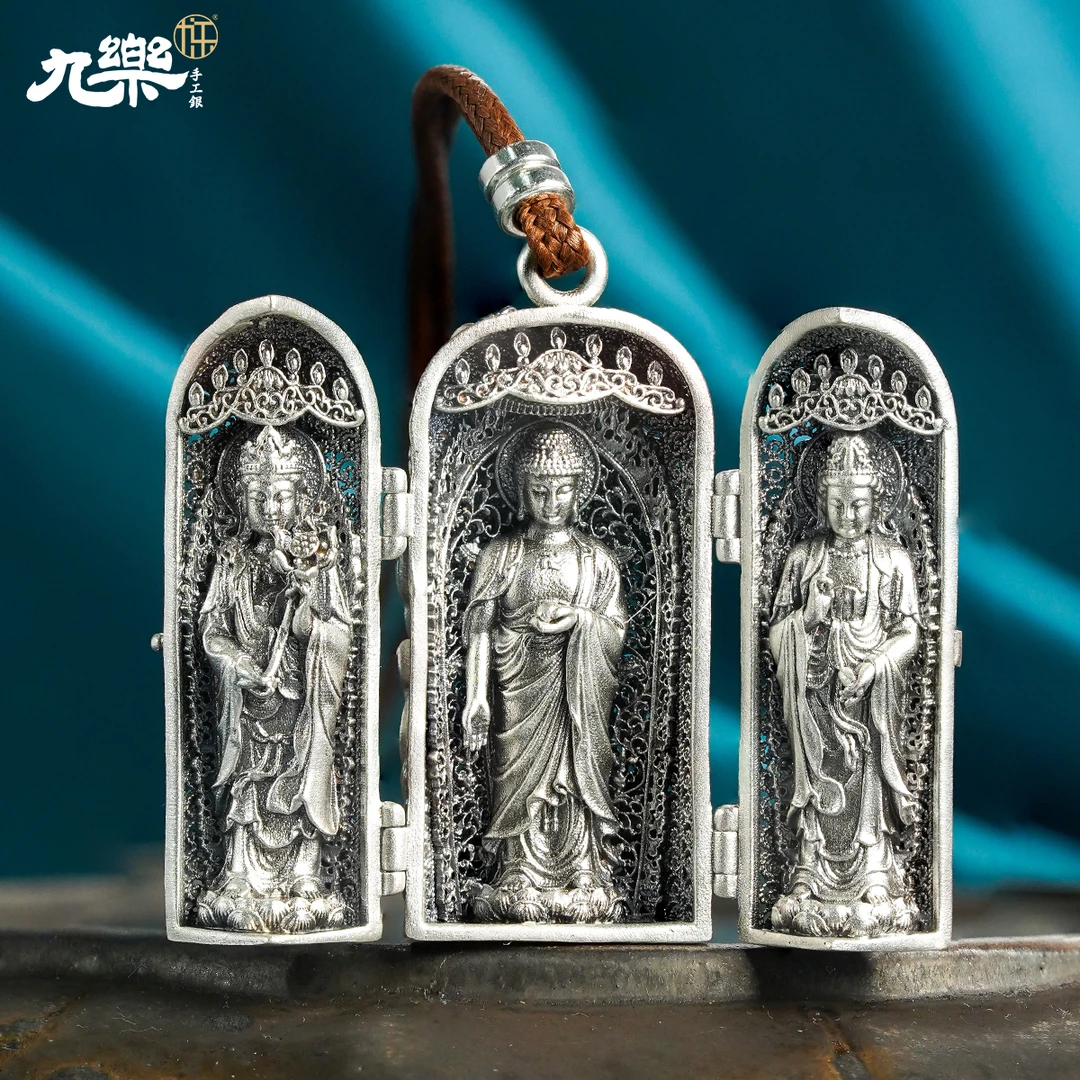 九乐 吊坠足银布 999莲花山圣观音可开吊坠中式个性复古做旧绳链