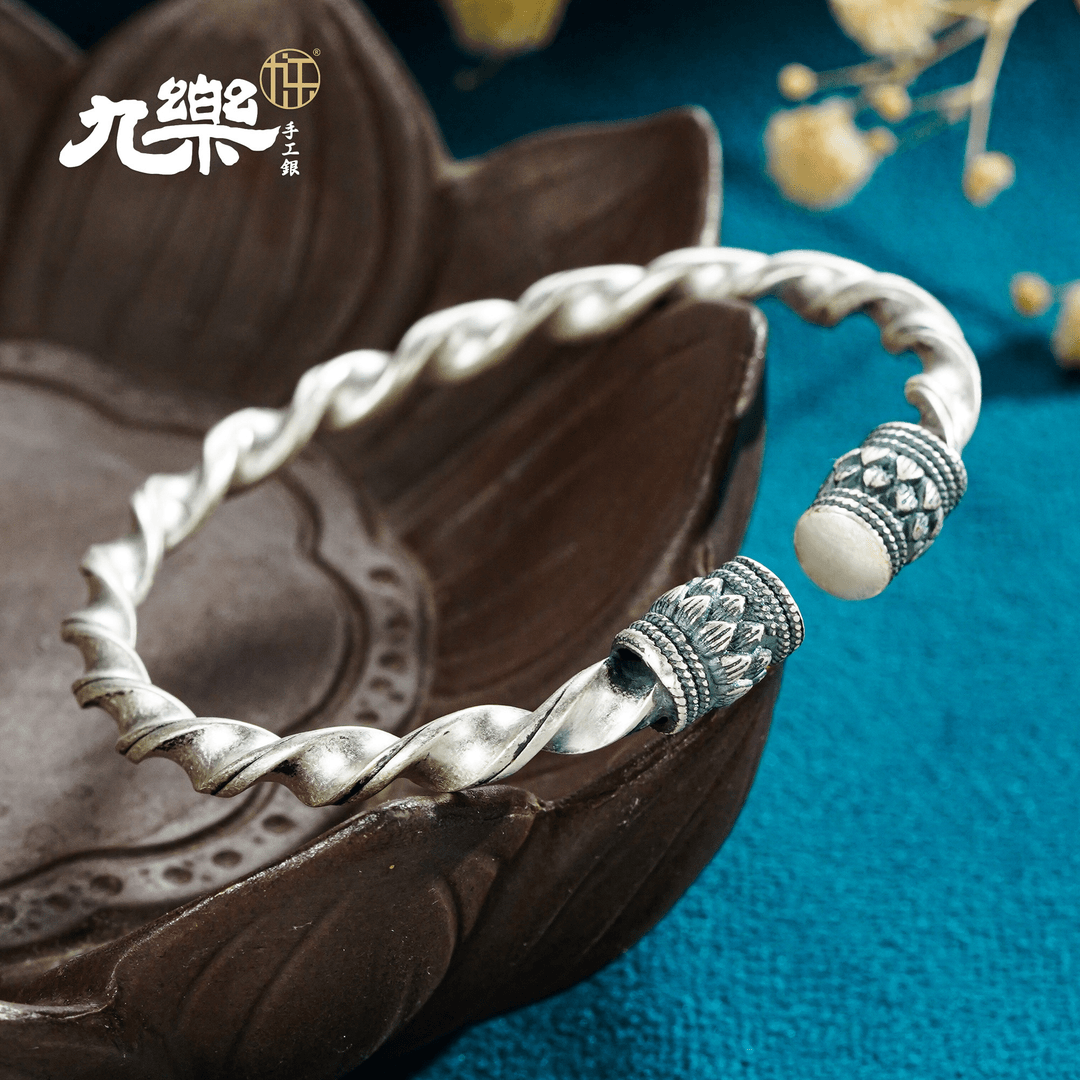 九乐 足银手镯 990扭线麻花莲珠对口手镯简约个性复古时尚百搭