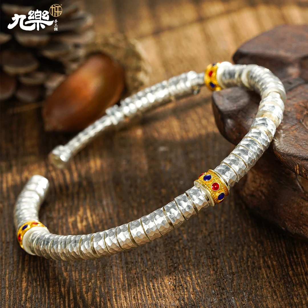 九乐 足银手镯 锤纹圆珠盘缠 民族风精致百搭可调节实心开口手镯