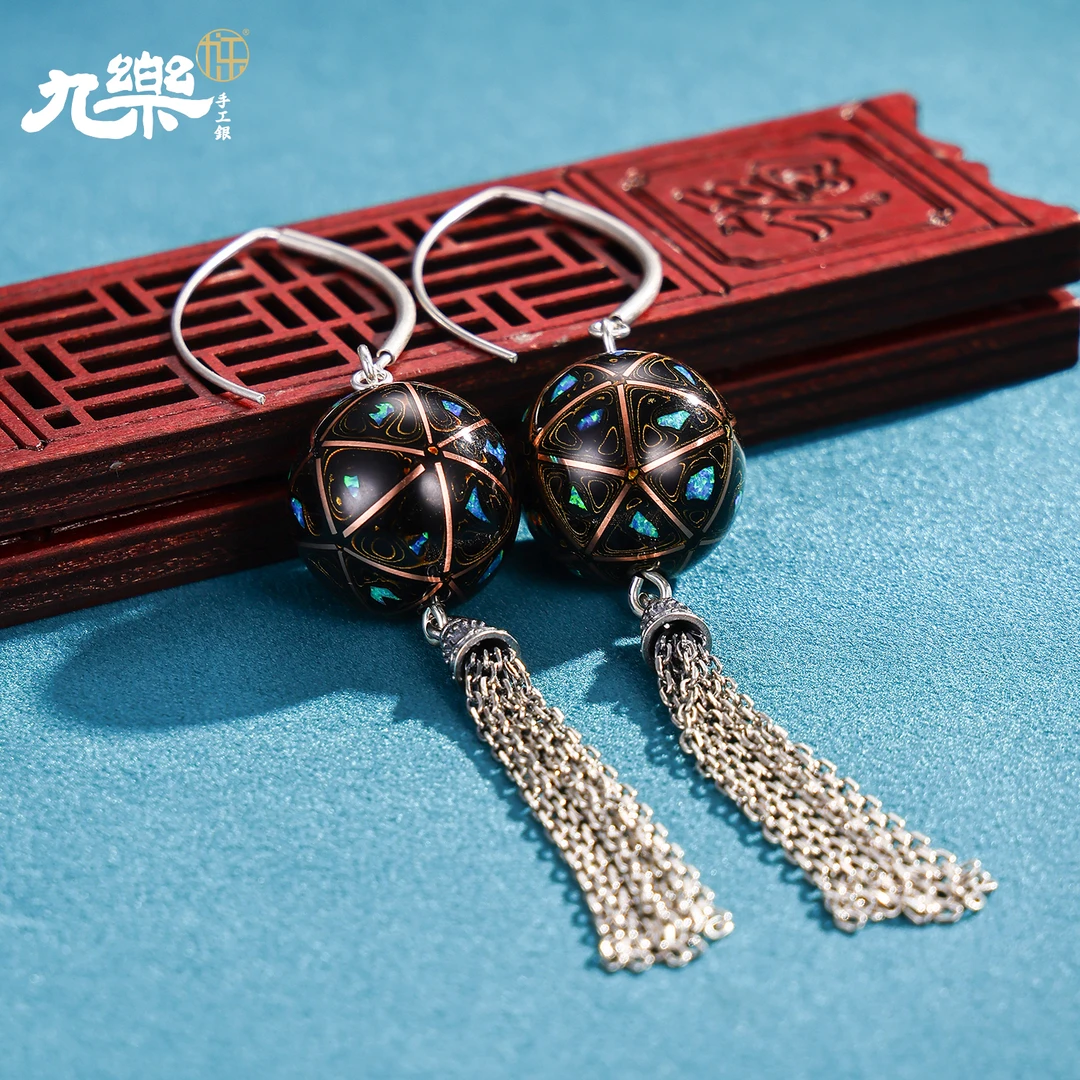 九乐 925银木质耳饰 21N黑大漆流苏民族风气质耳环
