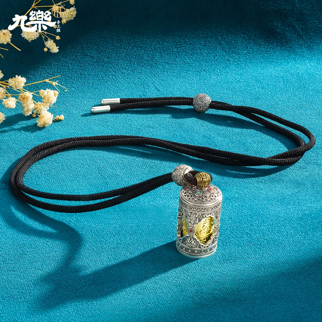 九乐S925银复古个性做旧项坠藏寓文化莲花八宝六字真言坠链吊坠银