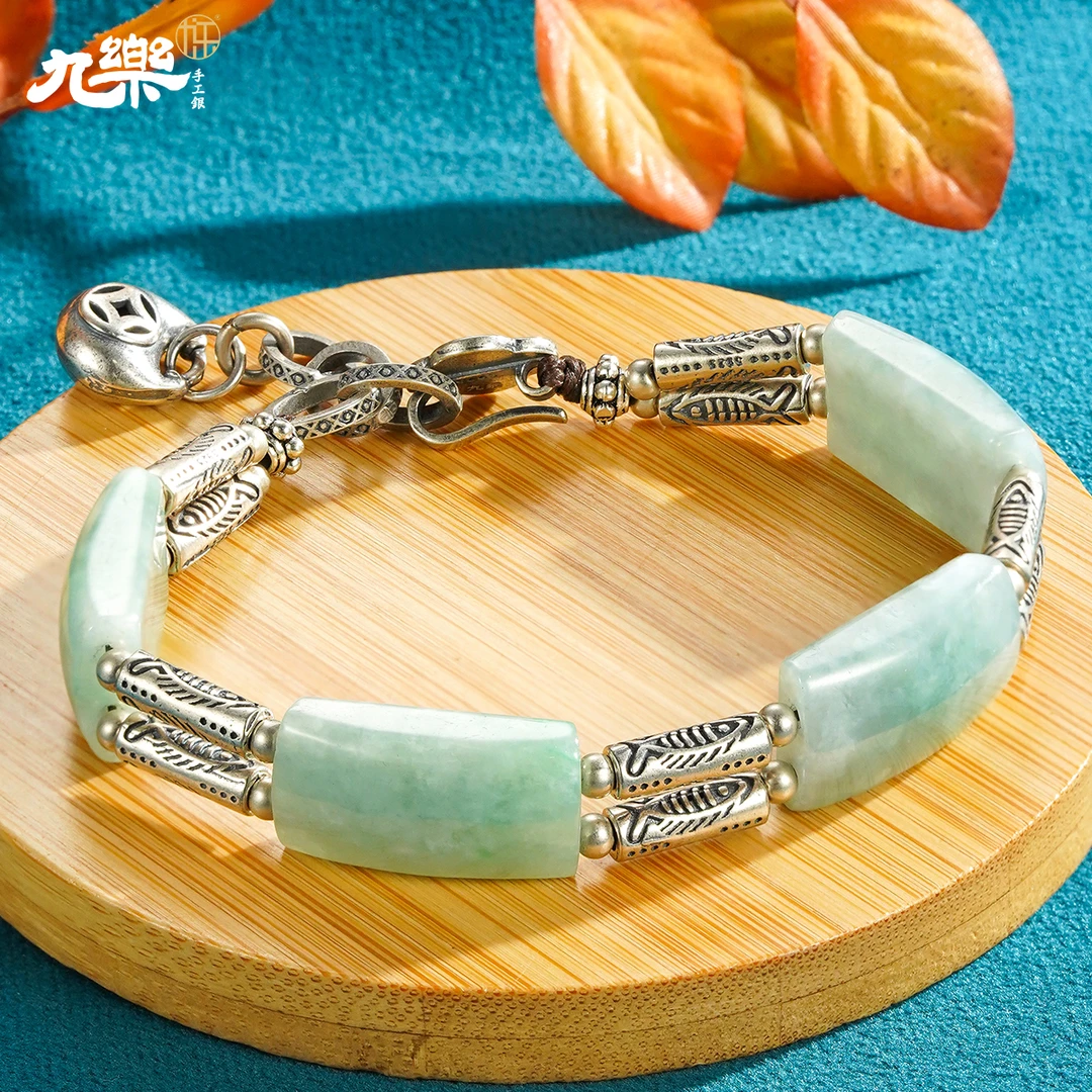 九乐S925银方块翡翠鱼骨纹手链国风精致轻复古手串（H）