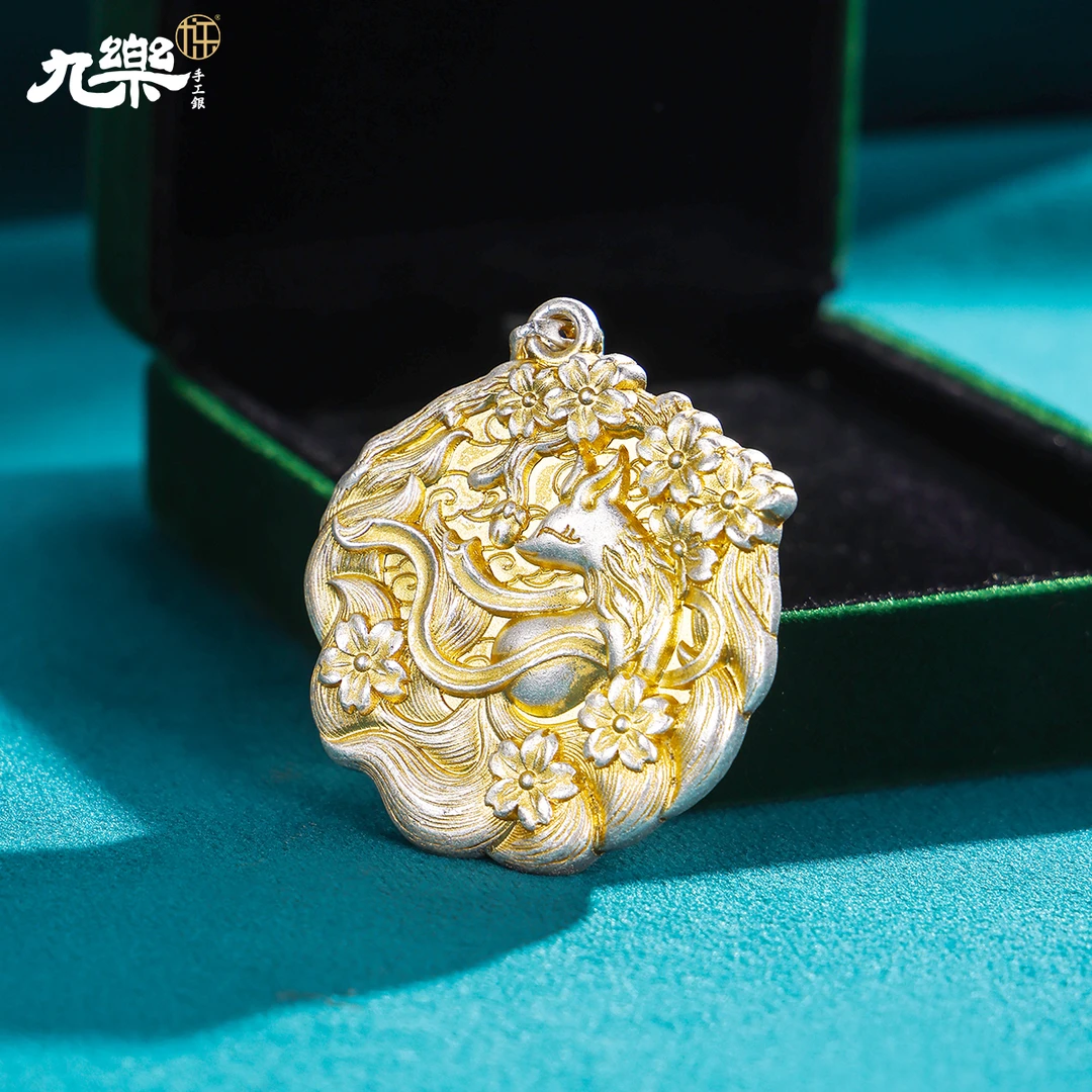 九乐 吊坠足银 999古法描金桃花狐狸吊坠国潮风时尚优雅精致挂坠