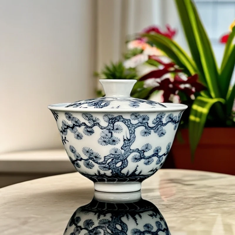 等于堂柴烧出品，手工手绘岁寒三友松竹梅青花盖碗