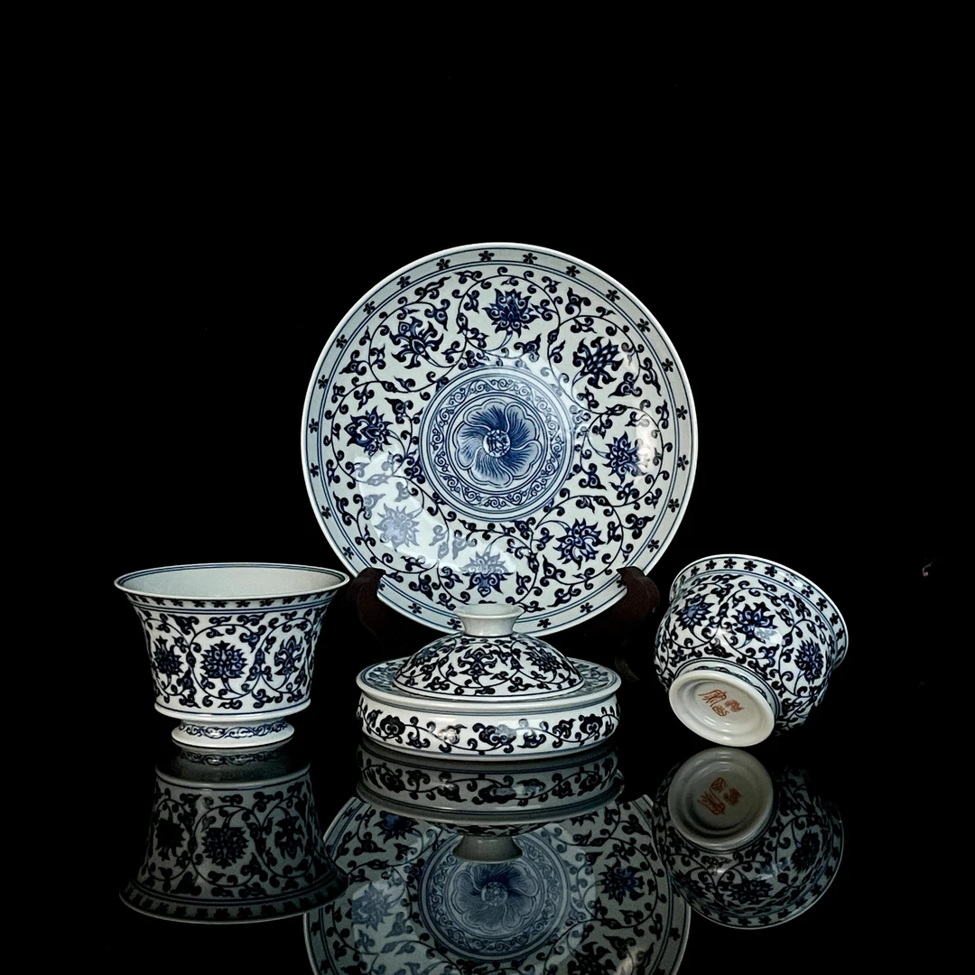 泑山窑出品，手工手绘缠枝莲青花一套
