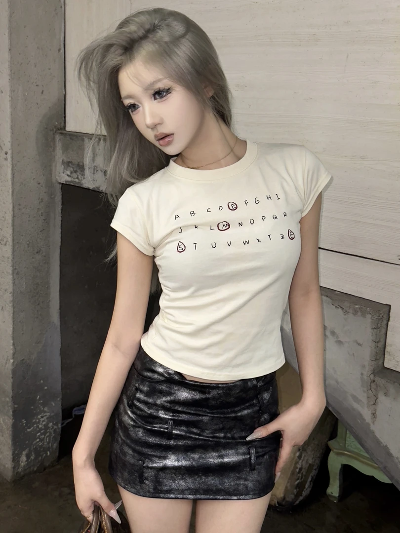 S'eme字母短袖 基础简约修身纯棉短袖T恤上衣女显瘦纯欲辣妹短款